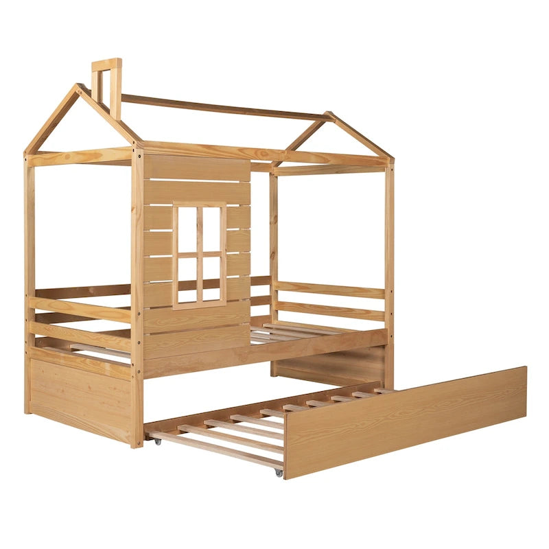Nestfair Twin Size House Style Wood Bed with Trundle