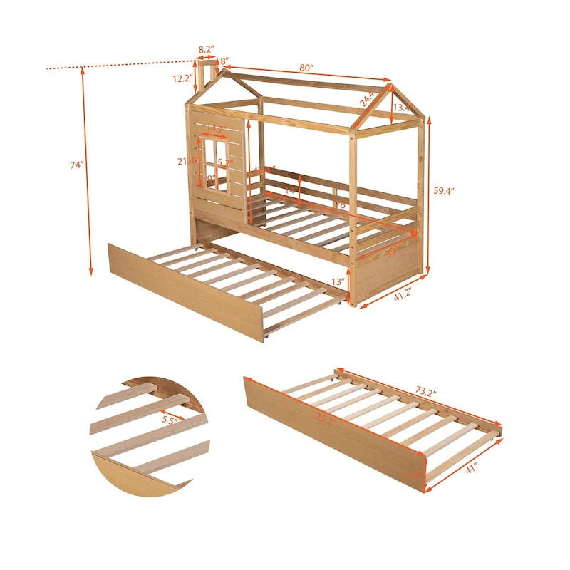 Nestfair Twin Size House Style Wood Bed with Trundle