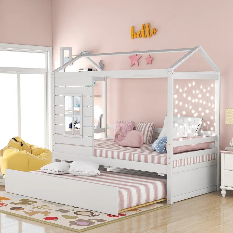 Nestfair Twin Size House Style Wood Bed with Trundle