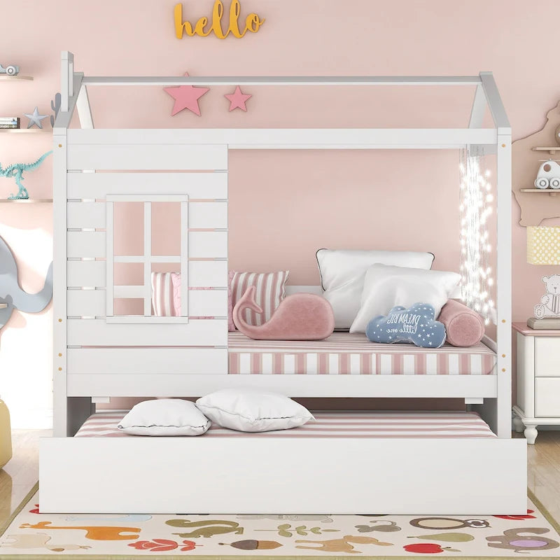 Nestfair Twin Size House Style Wood Bed with Trundle
