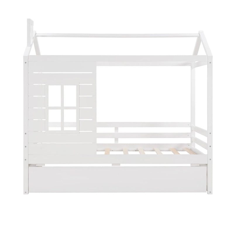 Nestfair Twin Size House Style Wood Bed with Trundle