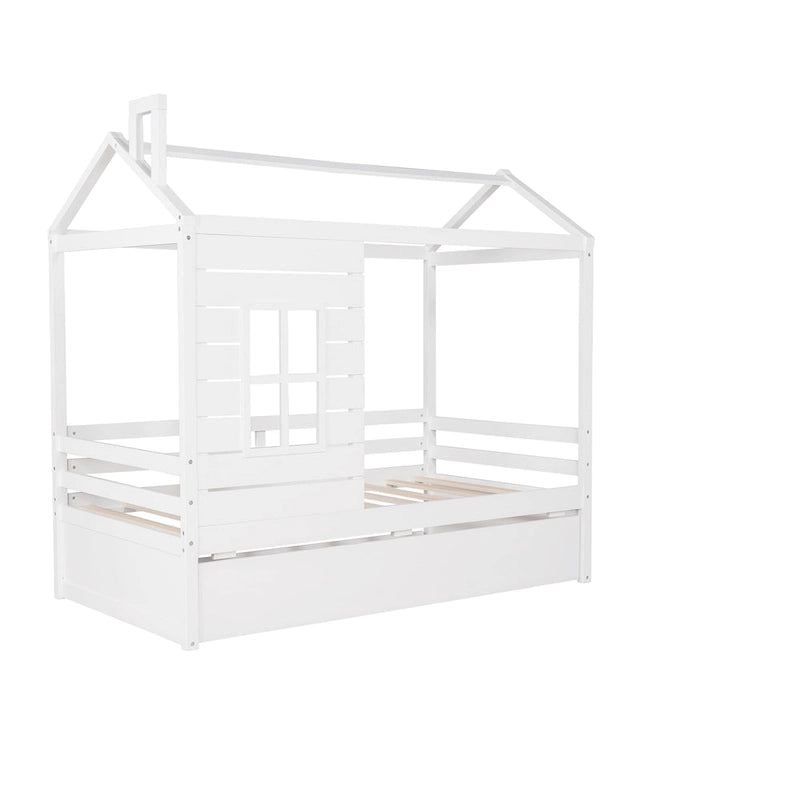 Nestfair Twin Size House Style Wood Bed with Trundle