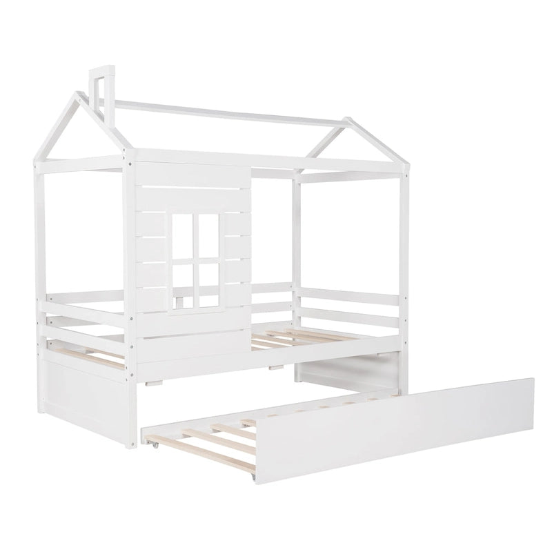 Nestfair Twin Size House Style Wood Bed with Trundle
