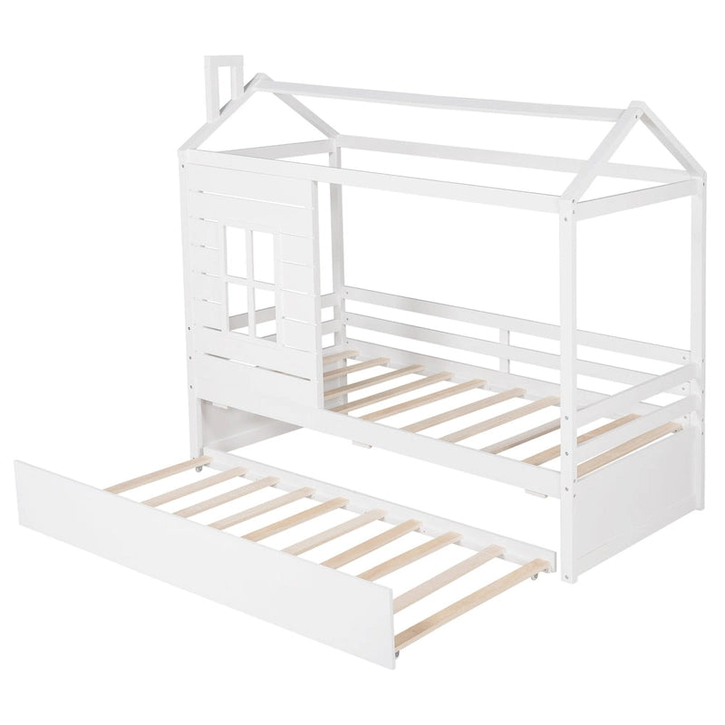 Nestfair Twin Size House Style Wood Bed with Trundle