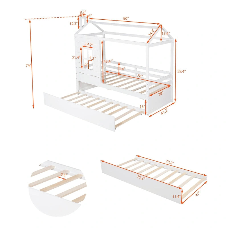 Nestfair Twin Size House Style Wood Bed with Trundle