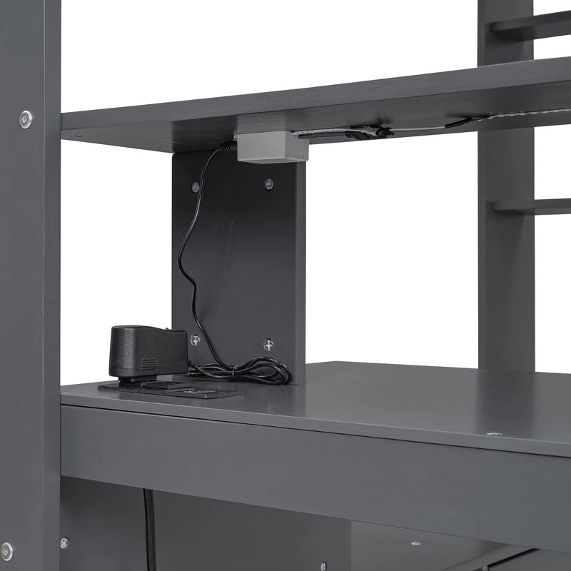 Wood Full Size Gaming Loft Bed with Desk, Multi-storage Shelves, LED and Charging Station, Dark Gray
