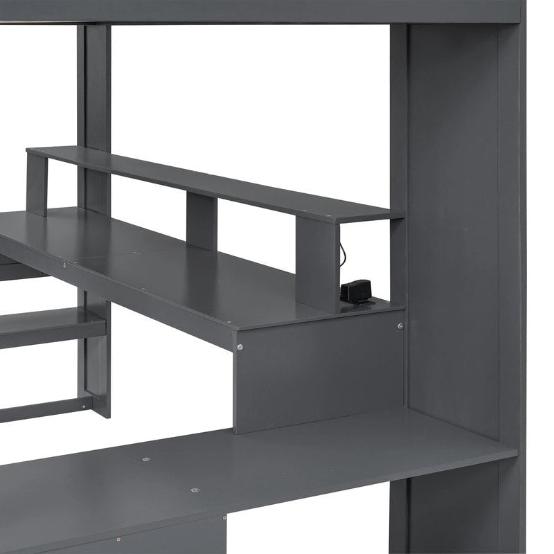 Wood Full Size Gaming Loft Bed with Desk, Multi-storage Shelves, LED and Charging Station, Dark Gray
