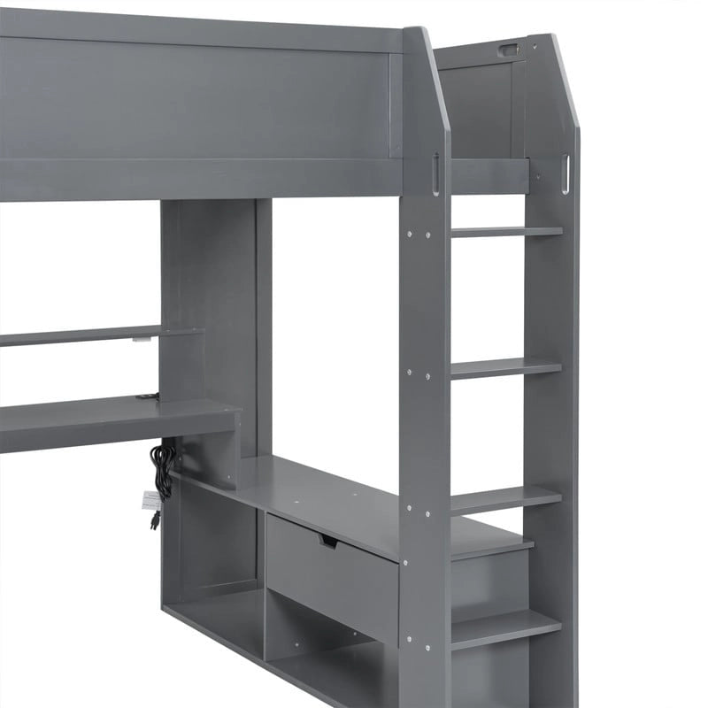 Wood Full Size Gaming Loft Bed with Desk, Multi-storage Shelves, LED and Charging Station, Dark Gray