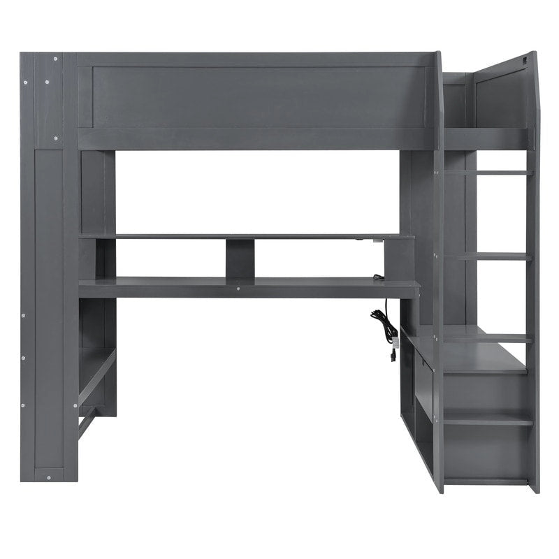 Wood Full Size Gaming Loft Bed with Desk, Multi-storage Shelves, LED and Charging Station, Dark Gray