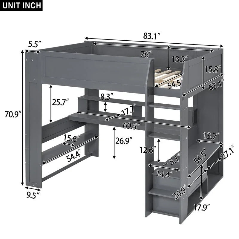 Wood Full Size Gaming Loft Bed with Desk, Multi-storage Shelves, LED and Charging Station, Dark Gray