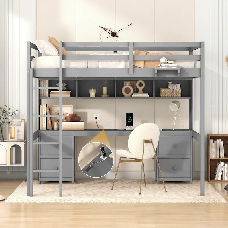 Full Size Loft Bed with Desk,Drawers and Bedside Tray,Charging Station