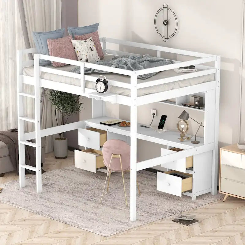Full Size Loft Bed with Desk,Drawers and Bedside Tray,Charging Station