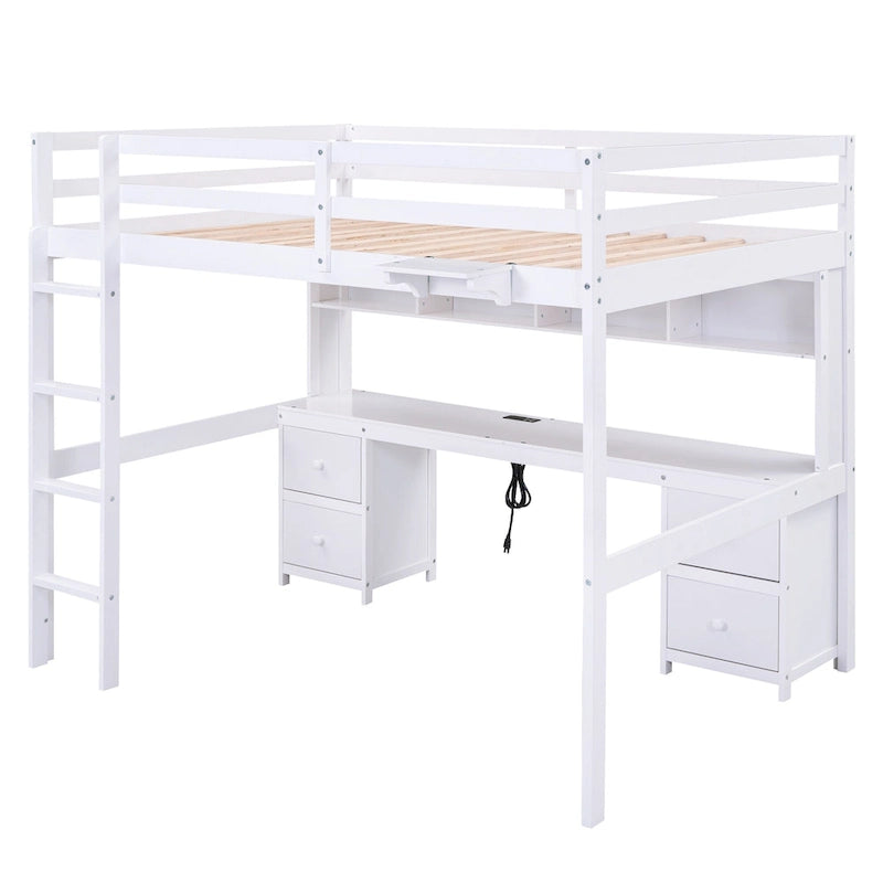 Full Size Loft Bed with Desk,Drawers and Bedside Tray,Charging Station