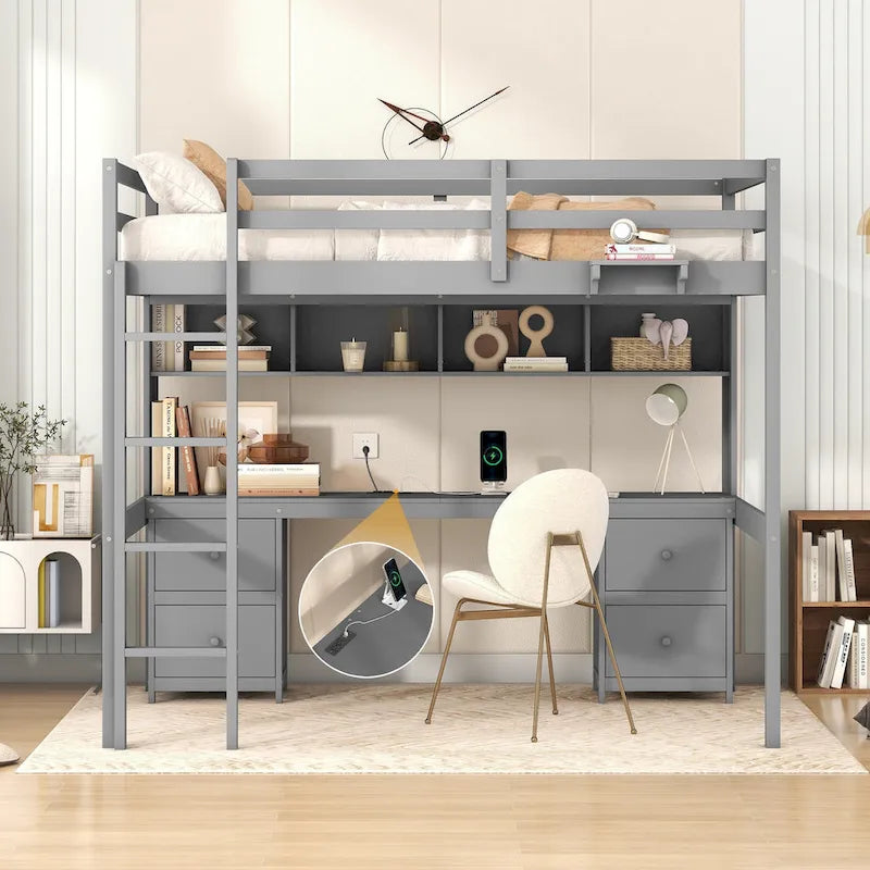 Full Size Loft Bed with Desk,Drawers and Bedside Tray,Charging Station