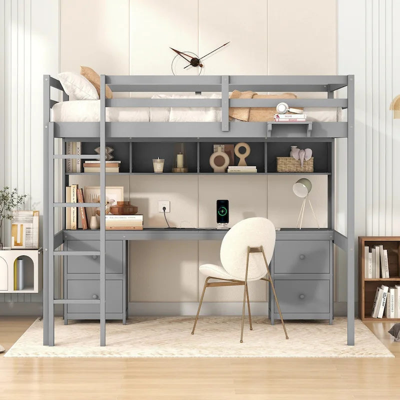 Full Size Loft Bed with Desk,Drawers and Bedside Tray,Charging Station