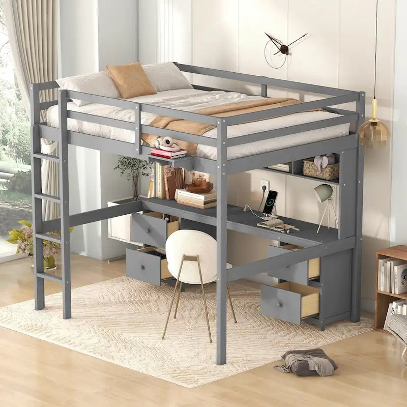 Full Size Loft Bed with Desk,Drawers and Bedside Tray,Charging Station