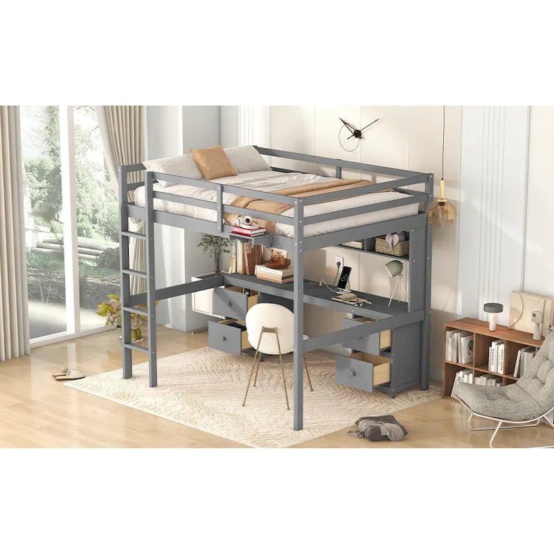 Full Size Loft Bed with Desk,Drawers and Bedside Tray,Charging Station