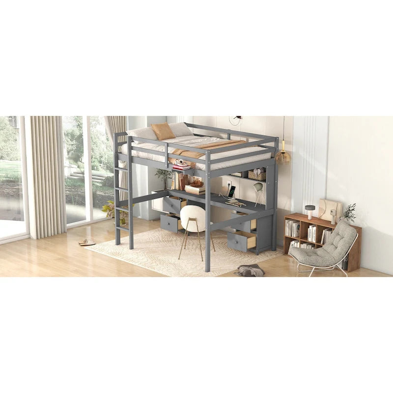 Full Size Loft Bed with Desk,Drawers and Bedside Tray,Charging Station