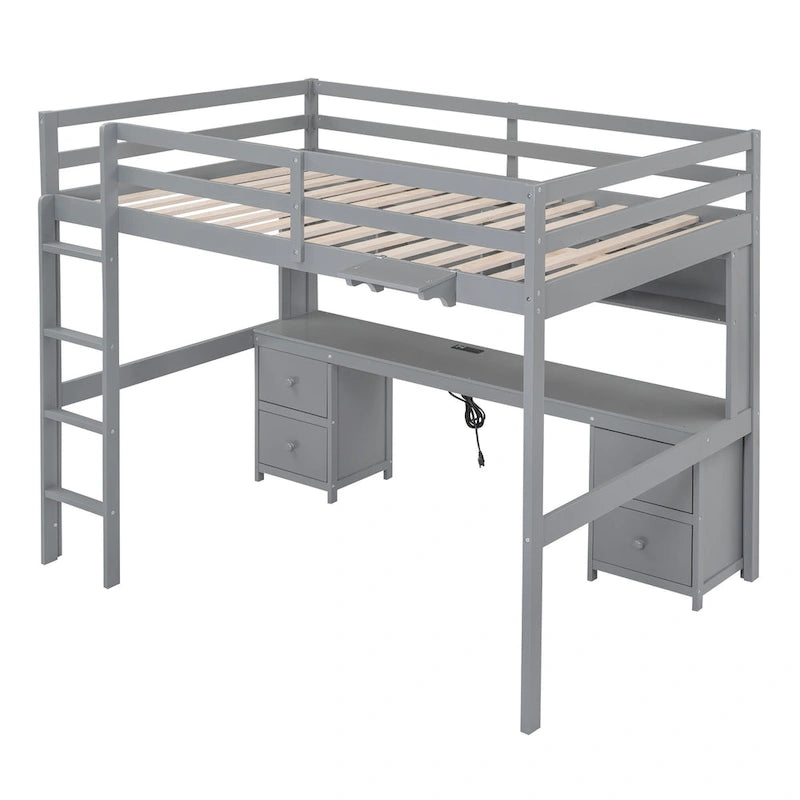 Full Size Loft Bed with Desk,Drawers and Bedside Tray,Charging Station