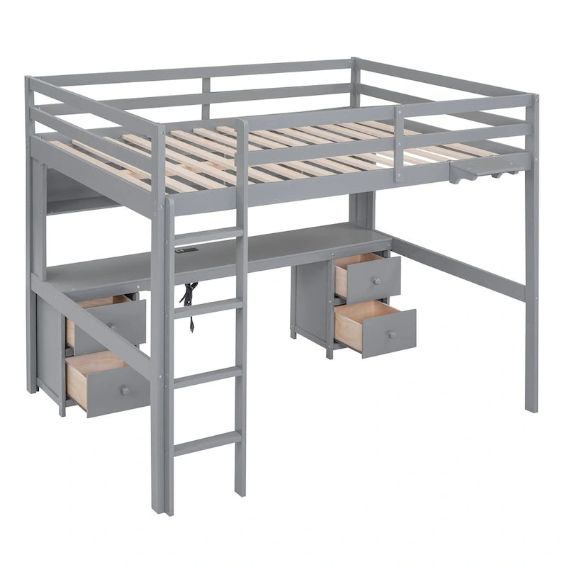 Full Size Loft Bed with Desk,Drawers and Bedside Tray,Charging Station