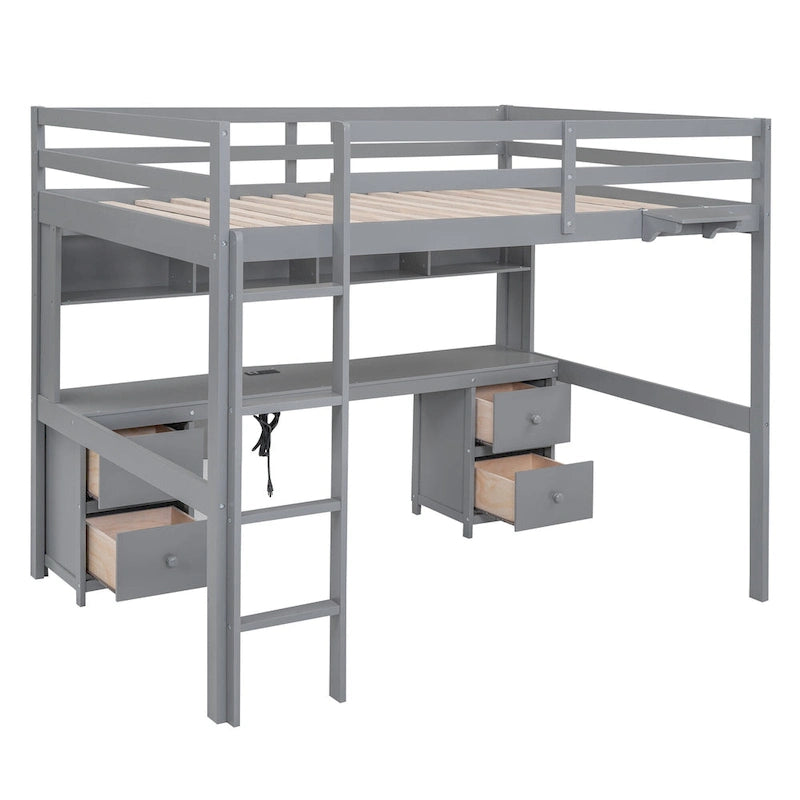 Full Size Loft Bed with Desk,Drawers and Bedside Tray,Charging Station