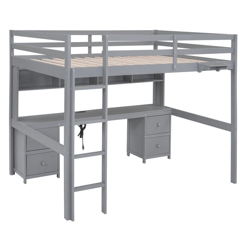 Full Size Loft Bed with Desk,Drawers and Bedside Tray,Charging Station