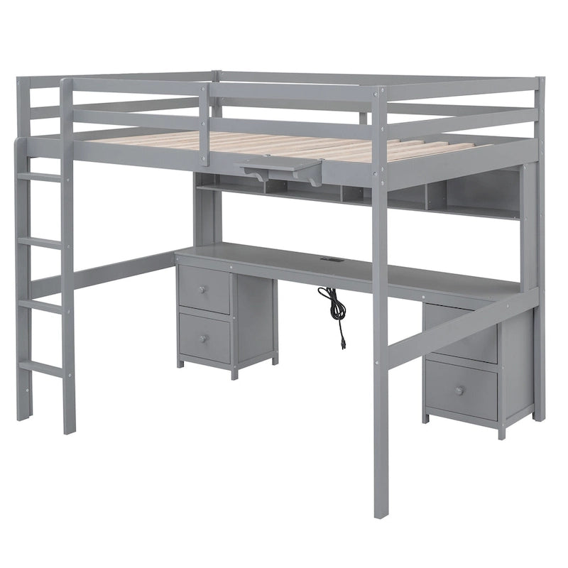 Full Size Loft Bed with Desk,Drawers and Bedside Tray,Charging Station