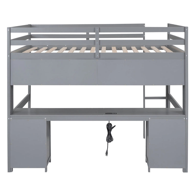 Full Size Loft Bed with Desk,Drawers and Bedside Tray,Charging Station