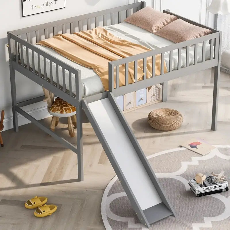 Full Size Low Loft Bed with Ladder and Slide