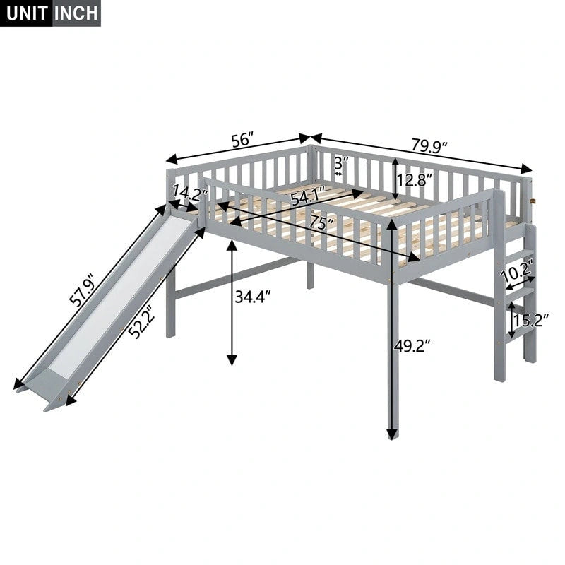 Full Size Low Loft Bed with Ladder and Slide