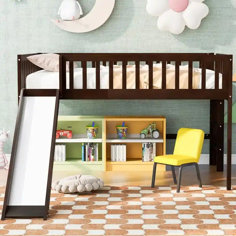 Full Size Low Loft Bed with Ladder and Slide