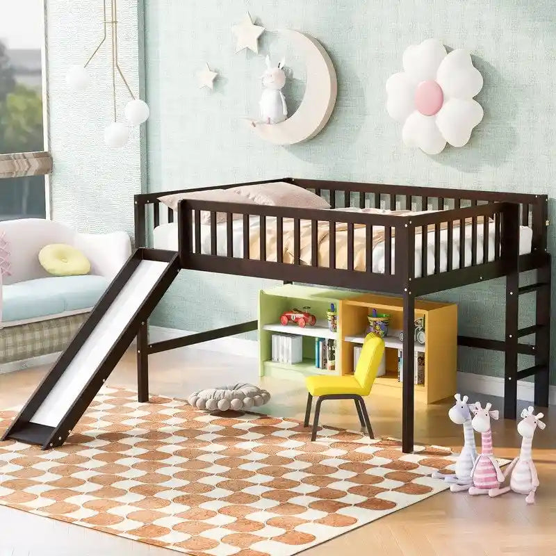 Full Size Low Loft Bed with Ladder and Slide