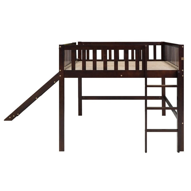 Full Size Low Loft Bed with Ladder and Slide