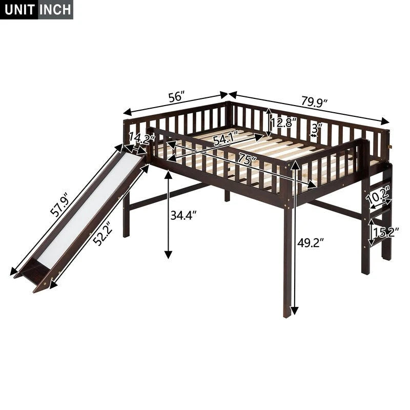 Full Size Low Loft Bed with Ladder and Slide