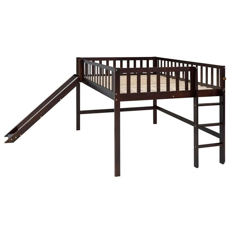 Full Size Low Loft Bed with Ladder and Slide