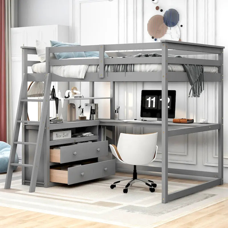 Nestfair Full Size Loft Bed with Desk and Shelves