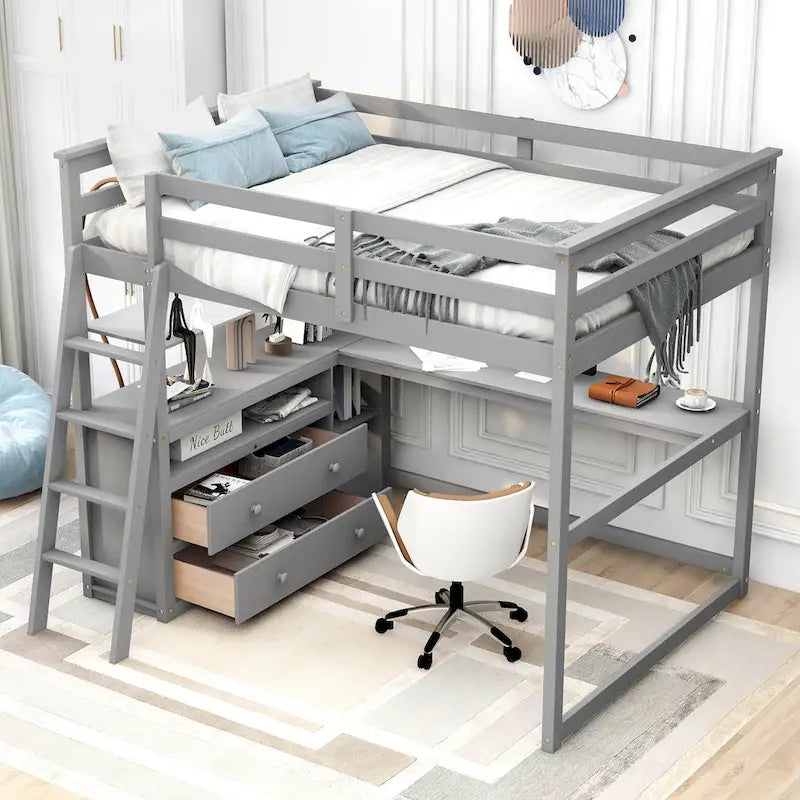 Nestfair Full Size Loft Bed with Desk and Shelves