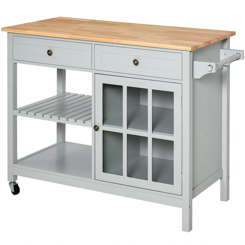HOMCOM Kitchen Island Utility Storage Cart with Rubber Wood Top, Towel Rack, 2 Cabinets & Drawers for Dining Room