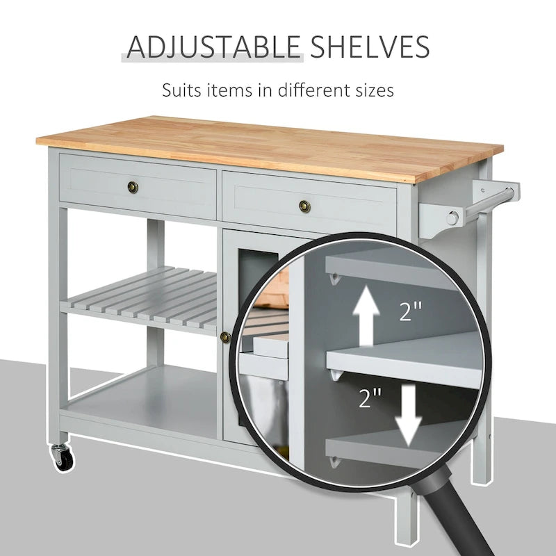 HOMCOM Kitchen Island Utility Storage Cart with Rubber Wood Top, Towel Rack, 2 Cabinets & Drawers for Dining Room