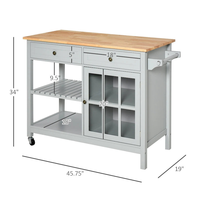 HOMCOM Kitchen Island Utility Storage Cart with Rubber Wood Top, Towel Rack, 2 Cabinets & Drawers for Dining Room