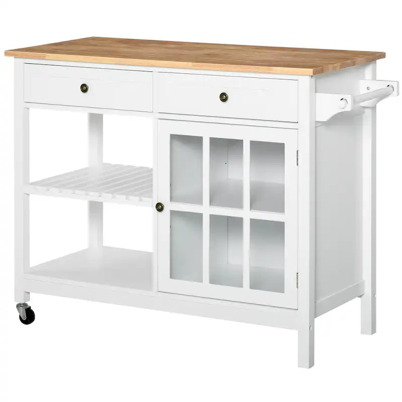 HOMCOM Kitchen Island Utility Storage Cart with Rubber Wood Top, Towel Rack, 2 Cabinets & Drawers for Dining Room