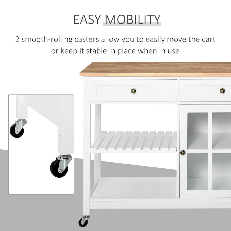 HOMCOM Kitchen Island Utility Storage Cart with Rubber Wood Top, Towel Rack, 2 Cabinets & Drawers for Dining Room