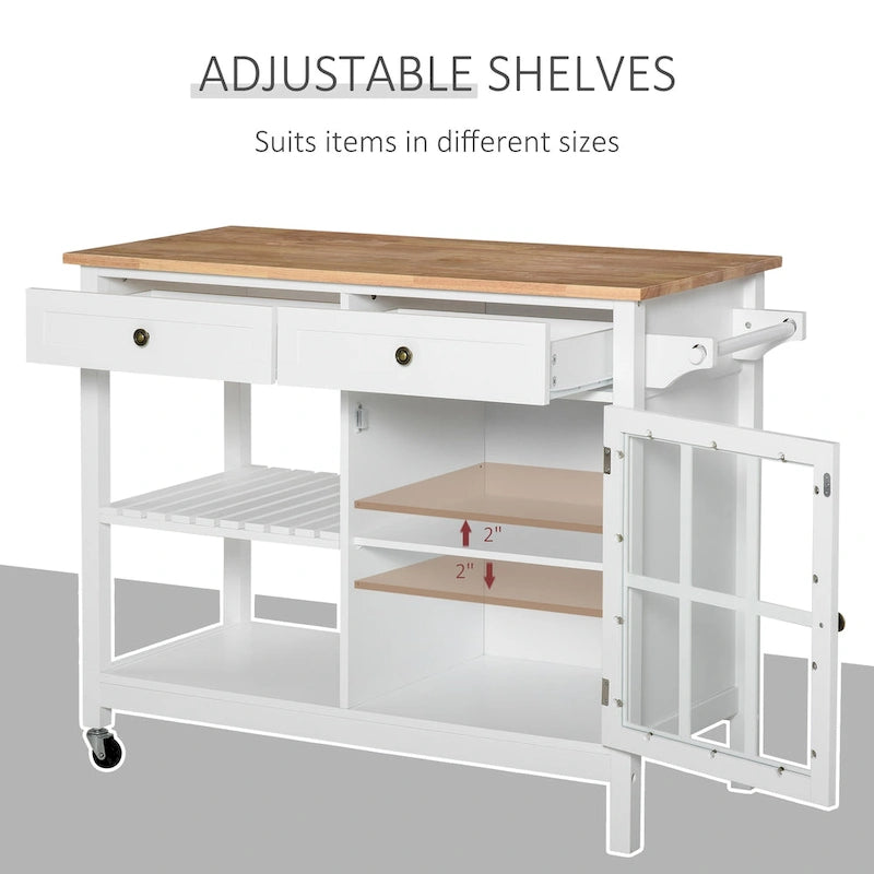HOMCOM Kitchen Island Utility Storage Cart with Rubber Wood Top, Towel Rack, 2 Cabinets & Drawers for Dining Room