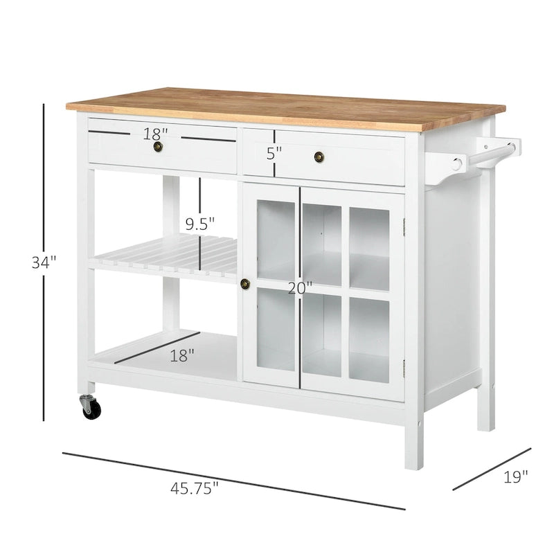 HOMCOM Kitchen Island Utility Storage Cart with Rubber Wood Top, Towel Rack, 2 Cabinets & Drawers for Dining Room
