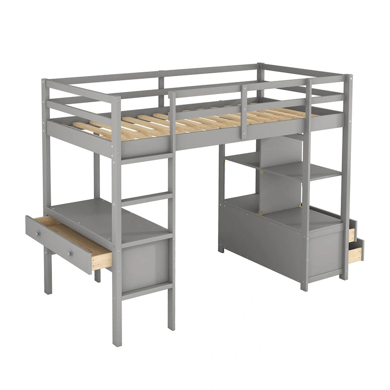 Nestfair Wooden Loft Bed with Built-in Desk and Two Drawers