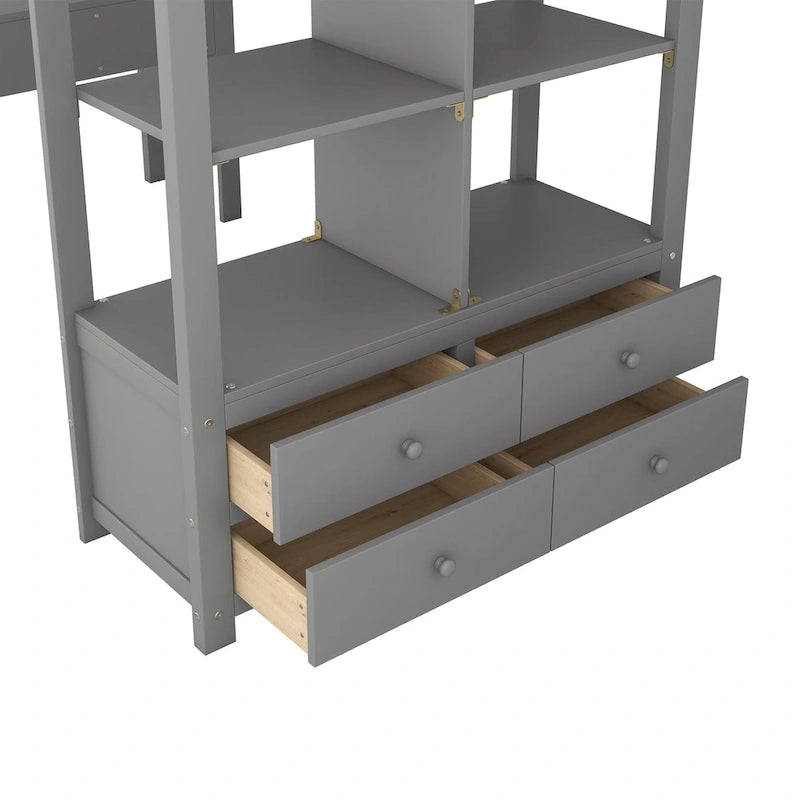 Nestfair Wooden Loft Bed with Built-in Desk and Two Drawers