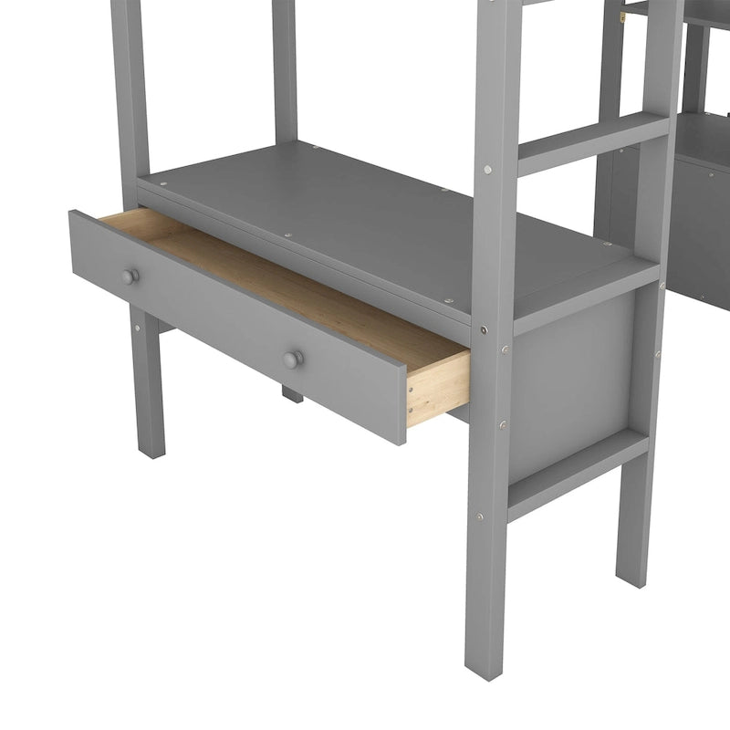 Nestfair Wooden Loft Bed with Built-in Desk and Two Drawers