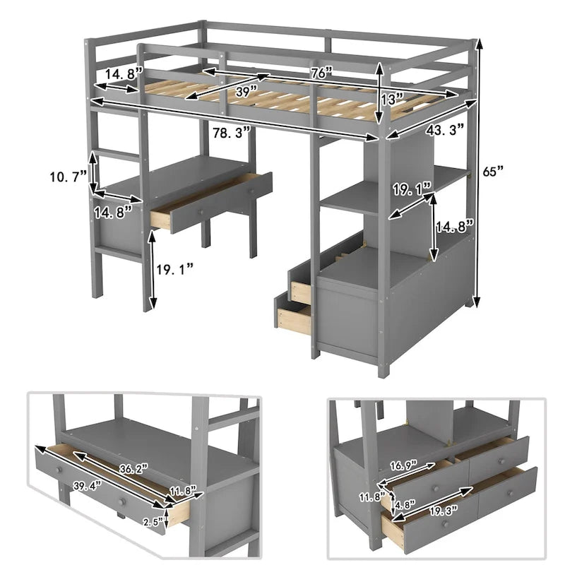 Nestfair Wooden Loft Bed with Built-in Desk and Two Drawers