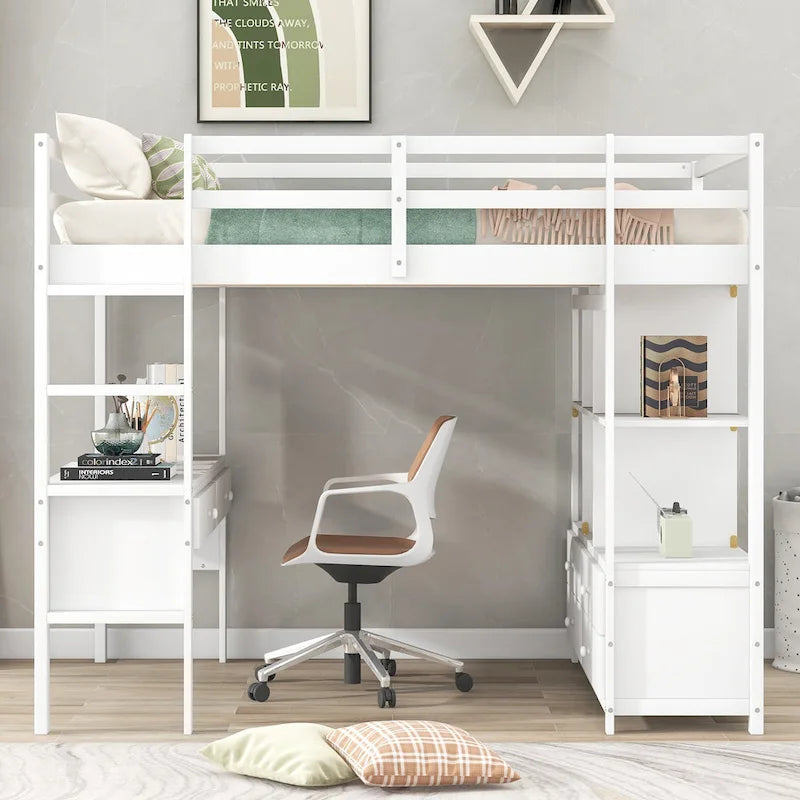 Nestfair Wooden Loft Bed with Built-in Desk and Two Drawers