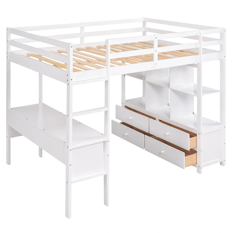 Nestfair Wooden Loft Bed with Built-in Desk and Two Drawers